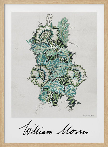 A framed vintage art print by William Morris titled 'Anemone 1876'. The design features a detailed botanical illustration of stylized anemone flowers and acanthus leaves in shades of green, teal, and white on a light grey background. The artist's signature is prominent at the bottom. Decor
