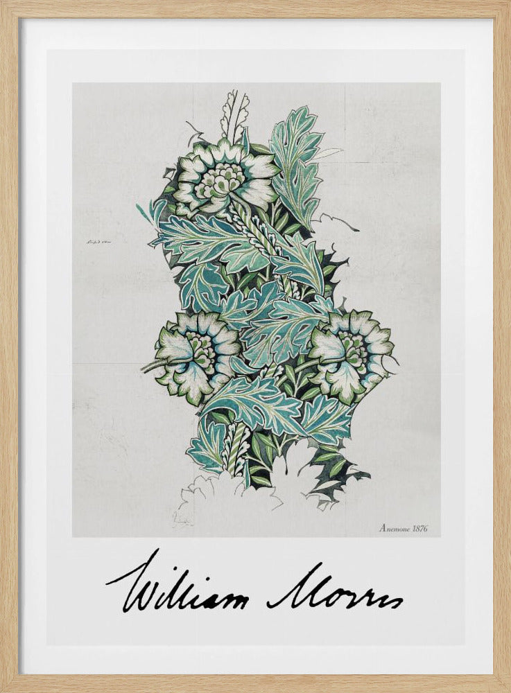 A framed vintage art print by William Morris titled 'Anemone 1876'. The design features a detailed botanical illustration of stylized anemone flowers and acanthus leaves in shades of green, teal, and white on a light grey background. The artist's signature is prominent at the bottom. Decor
