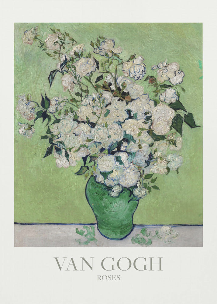 A framed art print of Vincent van Gogh's painting 'Roses'. It features a lush bouquet of white roses with green leaves in a green vase, set against a light green background. The impressionist style is evident in the thick, visible brushstrokes. The print has a white mat with the text 'VAN GOGH' and 'ROSES' at the bottom. Wall Art