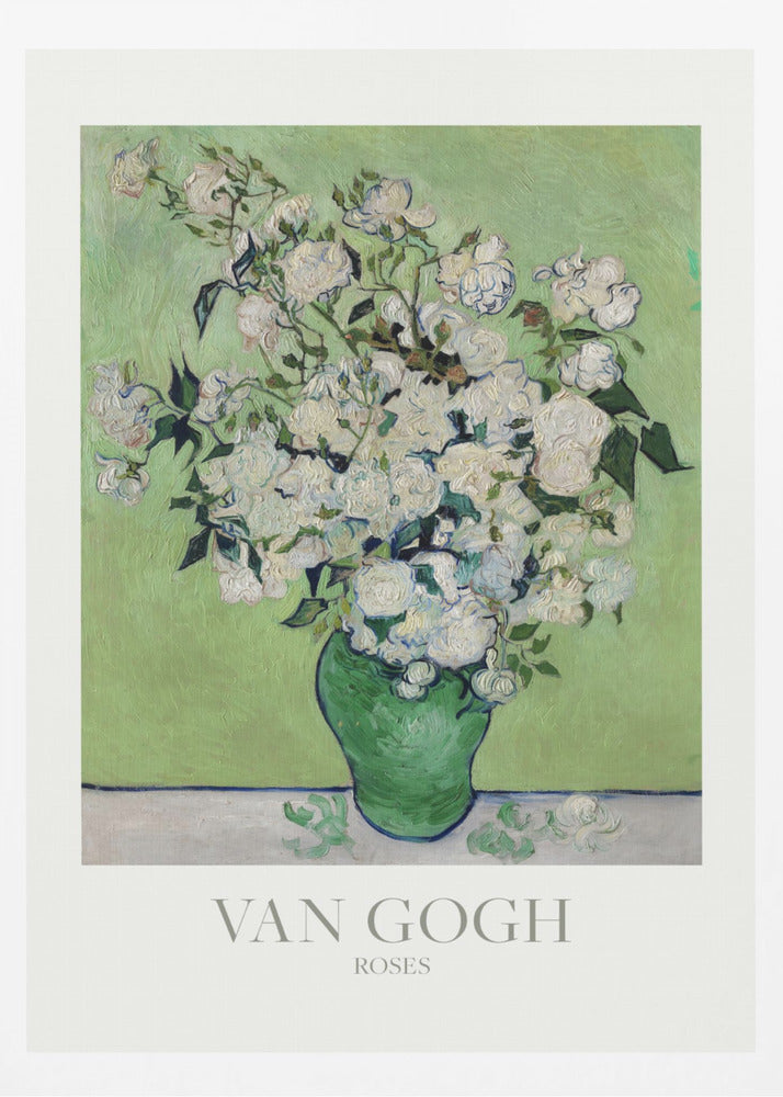 A framed art print of Vincent van Gogh's painting 'Roses'. It features a lush bouquet of white roses with green leaves in a green vase, set against a light green background. The impressionist style is evident in the thick, visible brushstrokes. The print has a white mat with the text 'VAN GOGH' and 'ROSES' at the bottom. Wall Art