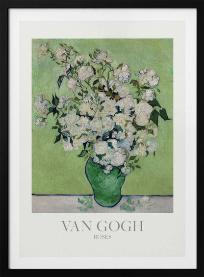 A framed art print of Vincent van Gogh's painting 'Roses'. It features a lush bouquet of white roses with green leaves in a green vase, set against a light green background. The impressionist style is evident in the thick, visible brushstrokes. The print has a white mat with the text 'VAN GOGH' and 'ROSES' at the bottom. Wall Art