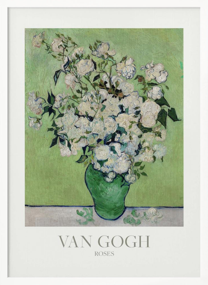 A framed art print of Vincent van Gogh's painting 'Roses'. It features a lush bouquet of white roses with green leaves in a green vase, set against a light green background. The impressionist style is evident in the thick, visible brushstrokes. The print has a white mat with the text 'VAN GOGH' and 'ROSES' at the bottom. Wall Art