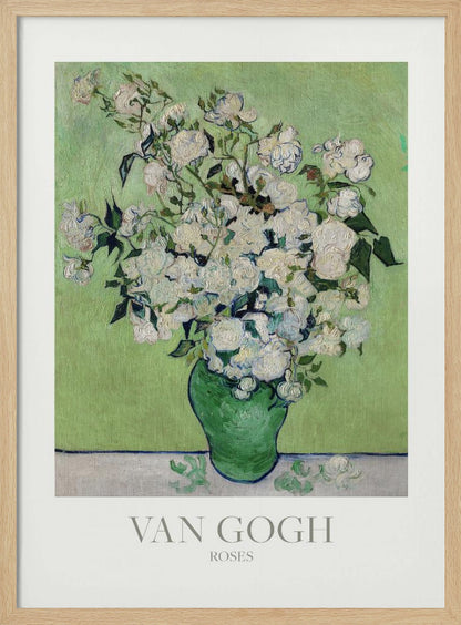 A framed art print of Vincent van Gogh's painting 'Roses'. It features a lush bouquet of white roses with green leaves in a green vase, set against a light green background. The impressionist style is evident in the thick, visible brushstrokes. The print has a white mat with the text 'VAN GOGH' and 'ROSES' at the bottom. Wall Art
