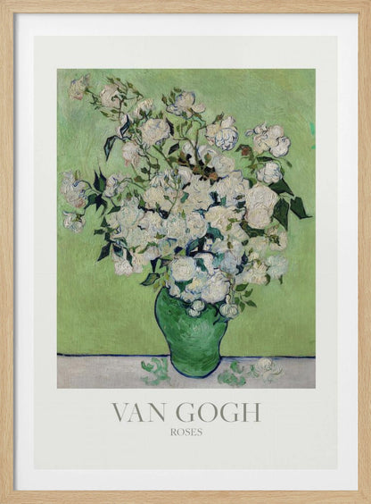 A framed art print of Vincent van Gogh's painting 'Roses'. It features a lush bouquet of white roses with green leaves in a green vase, set against a light green background. The impressionist style is evident in the thick, visible brushstrokes. The print has a white mat with the text 'VAN GOGH' and 'ROSES' at the bottom. Wall Art