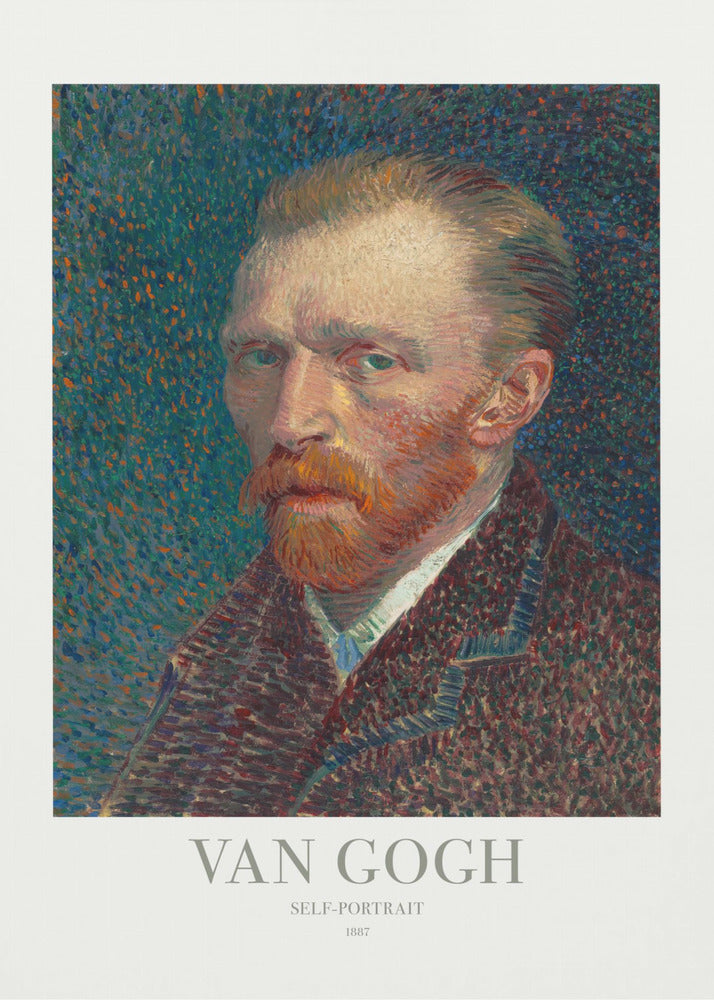 A framed poster of Vincent van Gogh's 1887 self-portrait. The Post-Impressionist painting features the artist with a fiery red beard and intense gaze against a stippled blue and orange background. The poster includes text identifying the artist and artwork. Print