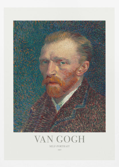 A framed poster of Vincent van Gogh's 1887 self-portrait. The Post-Impressionist painting features the artist with a fiery red beard and intense gaze against a stippled blue and orange background. The poster includes text identifying the artist and artwork. Print