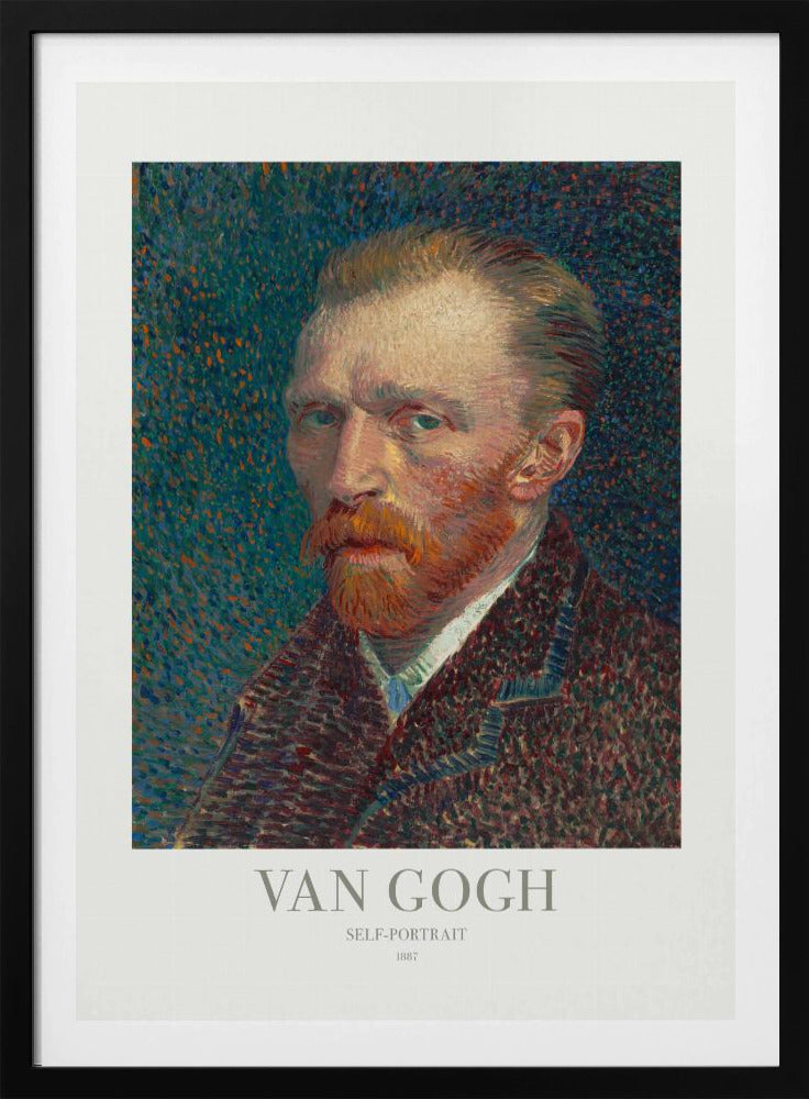 A framed poster of Vincent van Gogh's 1887 self-portrait. The Post-Impressionist painting features the artist with a fiery red beard and intense gaze against a stippled blue and orange background. The poster includes text identifying the artist and artwork. Print