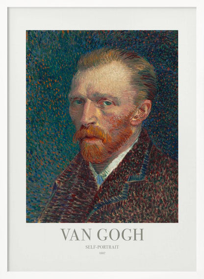 A framed poster of Vincent van Gogh's 1887 self-portrait. The Post-Impressionist painting features the artist with a fiery red beard and intense gaze against a stippled blue and orange background. The poster includes text identifying the artist and artwork. Print