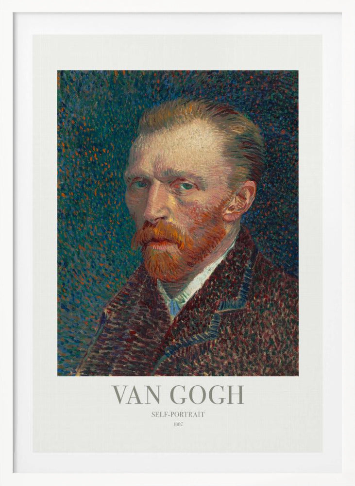 A framed poster of Vincent van Gogh's 1887 self-portrait. The Post-Impressionist painting features the artist with a fiery red beard and intense gaze against a stippled blue and orange background. The poster includes text identifying the artist and artwork. Print