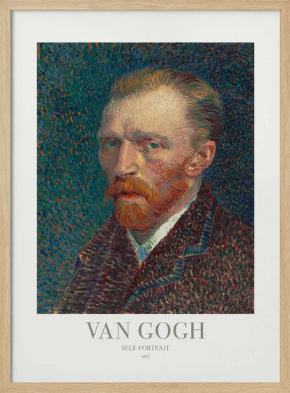 A framed poster of Vincent van Gogh's 1887 self-portrait. The Post-Impressionist painting features the artist with a fiery red beard and intense gaze against a stippled blue and orange background. The poster includes text identifying the artist and artwork. Print