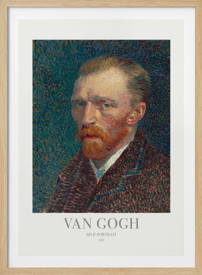 A framed poster of Vincent van Gogh's 1887 self-portrait. The Post-Impressionist painting features the artist with a fiery red beard and intense gaze against a stippled blue and orange background. The poster includes text identifying the artist and artwork. Print