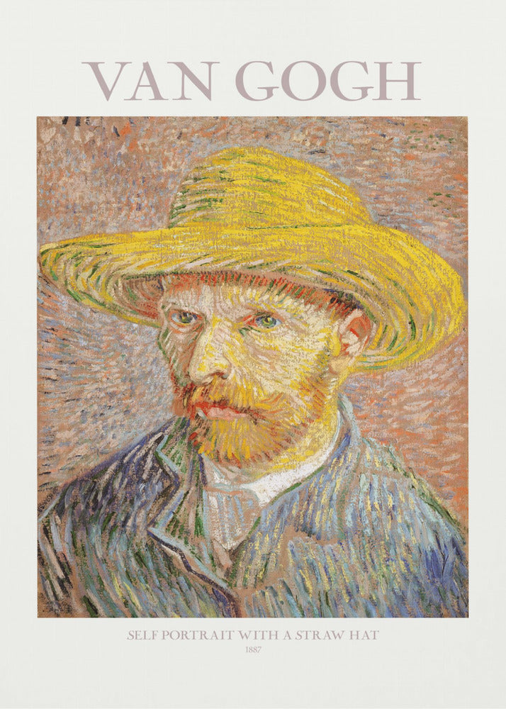 A framed art print of Vincent van Gogh's 'Self Portrait with a Straw Hat' from 1887. The post-impressionist painting shows the artist in a bright yellow straw hat and a blue jacket, with his characteristic intense gaze and reddish beard. The print is on a light-colored background with the artist's name at the top and the title and year at the bottom. Artwork