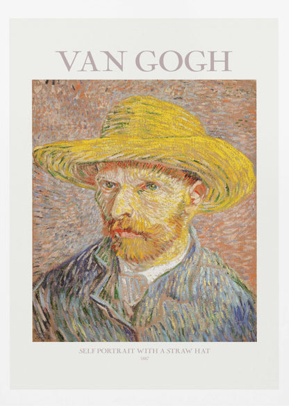 A framed art print of Vincent van Gogh's 'Self Portrait with a Straw Hat' from 1887. The post-impressionist painting shows the artist in a bright yellow straw hat and a blue jacket, with his characteristic intense gaze and reddish beard. The print is on a light-colored background with the artist's name at the top and the title and year at the bottom. Artwork