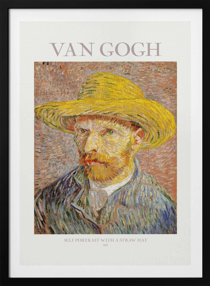A framed art print of Vincent van Gogh's 'Self Portrait with a Straw Hat' from 1887. The post-impressionist painting shows the artist in a bright yellow straw hat and a blue jacket, with his characteristic intense gaze and reddish beard. The print is on a light-colored background with the artist's name at the top and the title and year at the bottom. Artwork