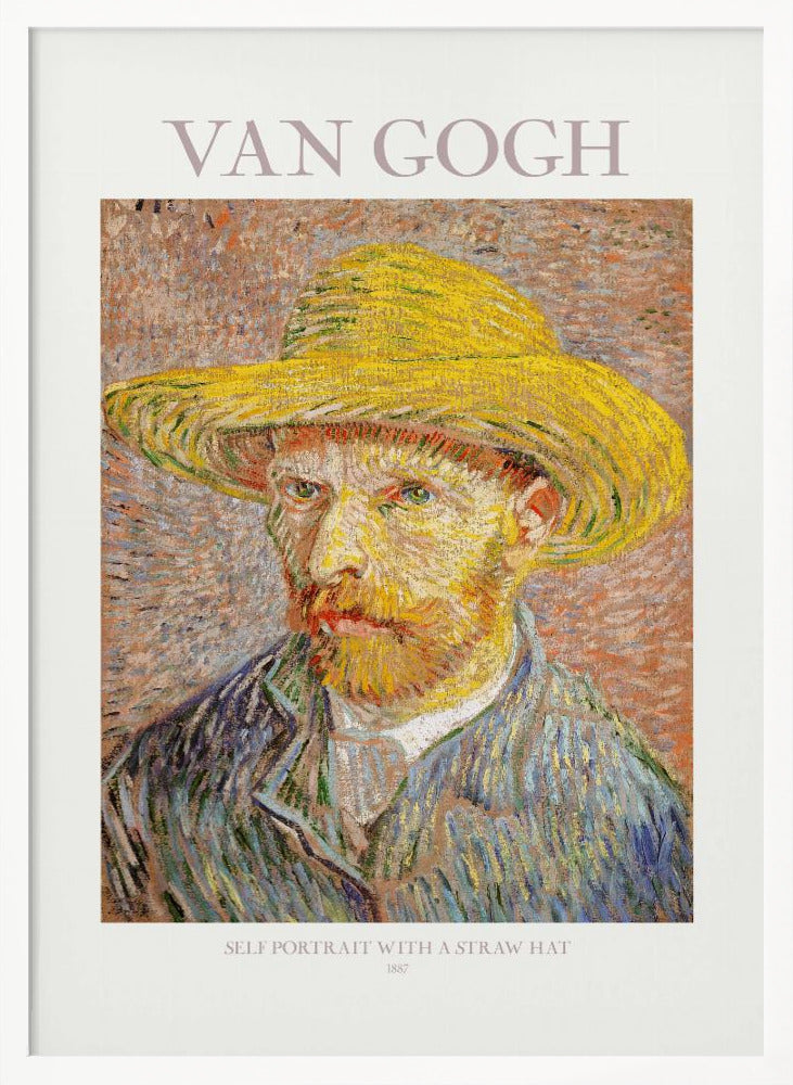 A framed art print of Vincent van Gogh's 'Self Portrait with a Straw Hat' from 1887. The post-impressionist painting shows the artist in a bright yellow straw hat and a blue jacket, with his characteristic intense gaze and reddish beard. The print is on a light-colored background with the artist's name at the top and the title and year at the bottom. Artwork
