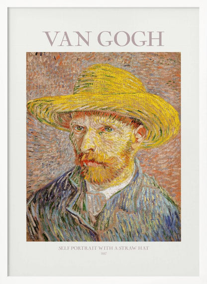 A framed art print of Vincent van Gogh's 'Self Portrait with a Straw Hat' from 1887. The post-impressionist painting shows the artist in a bright yellow straw hat and a blue jacket, with his characteristic intense gaze and reddish beard. The print is on a light-colored background with the artist's name at the top and the title and year at the bottom. Artwork