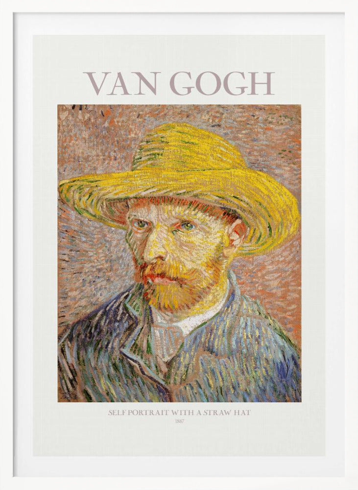 A framed art print of Vincent van Gogh's 'Self Portrait with a Straw Hat' from 1887. The post-impressionist painting shows the artist in a bright yellow straw hat and a blue jacket, with his characteristic intense gaze and reddish beard. The print is on a light-colored background with the artist's name at the top and the title and year at the bottom. Artwork