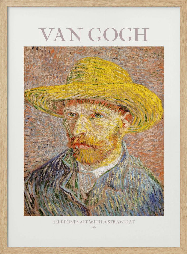 A framed art print of Vincent van Gogh's 'Self Portrait with a Straw Hat' from 1887. The post-impressionist painting shows the artist in a bright yellow straw hat and a blue jacket, with his characteristic intense gaze and reddish beard. The print is on a light-colored background with the artist's name at the top and the title and year at the bottom. Artwork