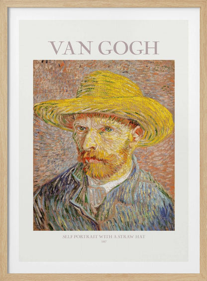 A framed art print of Vincent van Gogh's 'Self Portrait with a Straw Hat' from 1887. The post-impressionist painting shows the artist in a bright yellow straw hat and a blue jacket, with his characteristic intense gaze and reddish beard. The print is on a light-colored background with the artist's name at the top and the title and year at the bottom. Artwork