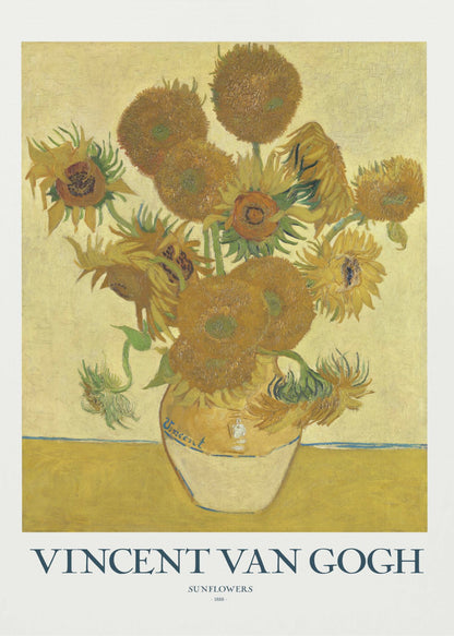 A poster of Vincent van Gogh's 'Sunflowers' painting, featuring a yellow vase with sunflowers against a yellow background. The poster has a white border with the text 'VINCENT VAN GOGH' and is set in a black frame. Poster
