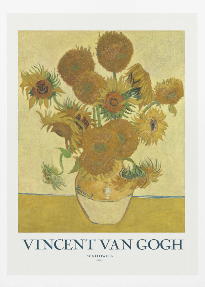 A poster of Vincent van Gogh's 'Sunflowers' painting, featuring a yellow vase with sunflowers against a yellow background. The poster has a white border with the text 'VINCENT VAN GOGH' and is set in a black frame. Poster