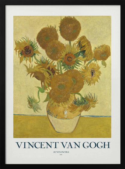 A poster of Vincent van Gogh's 'Sunflowers' painting, featuring a yellow vase with sunflowers against a yellow background. The poster has a white border with the text 'VINCENT VAN GOGH' and is set in a black frame. Poster