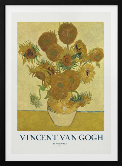 A poster of Vincent van Gogh's 'Sunflowers' painting, featuring a yellow vase with sunflowers against a yellow background. The poster has a white border with the text 'VINCENT VAN GOGH' and is set in a black frame. Poster