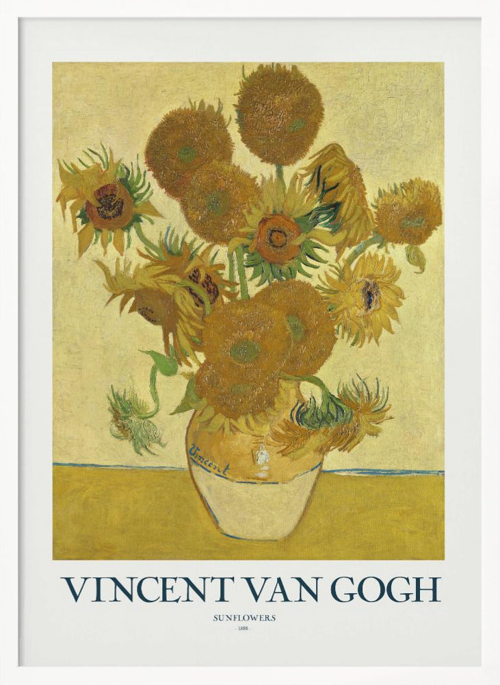 A poster of Vincent van Gogh's 'Sunflowers' painting, featuring a yellow vase with sunflowers against a yellow background. The poster has a white border with the text 'VINCENT VAN GOGH' and is set in a black frame. Poster