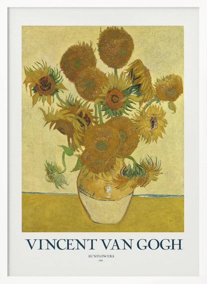 A poster of Vincent van Gogh's 'Sunflowers' painting, featuring a yellow vase with sunflowers against a yellow background. The poster has a white border with the text 'VINCENT VAN GOGH' and is set in a black frame. Poster