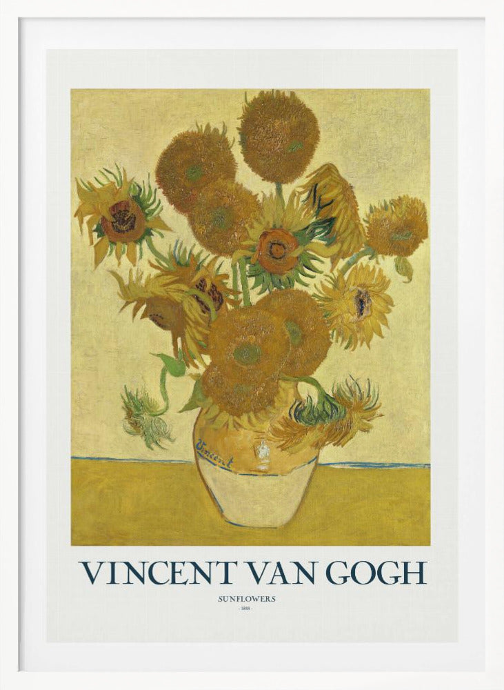 A poster of Vincent van Gogh's 'Sunflowers' painting, featuring a yellow vase with sunflowers against a yellow background. The poster has a white border with the text 'VINCENT VAN GOGH' and is set in a black frame. Poster