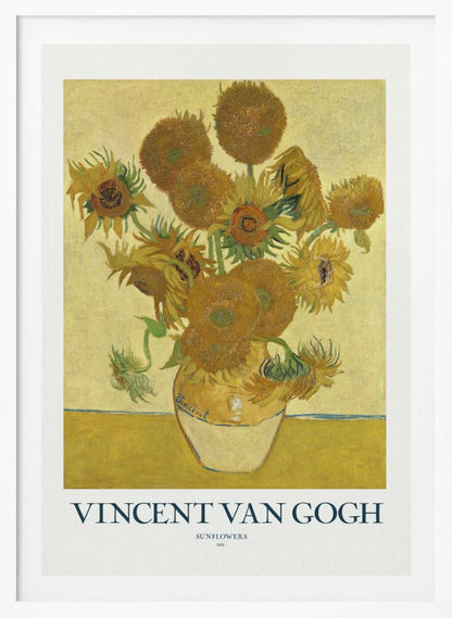 A poster of Vincent van Gogh's 'Sunflowers' painting, featuring a yellow vase with sunflowers against a yellow background. The poster has a white border with the text 'VINCENT VAN GOGH' and is set in a black frame. Poster