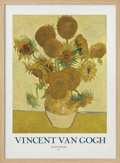 A poster of Vincent van Gogh's 'Sunflowers' painting, featuring a yellow vase with sunflowers against a yellow background. The poster has a white border with the text 'VINCENT VAN GOGH' and is set in a black frame. Poster
