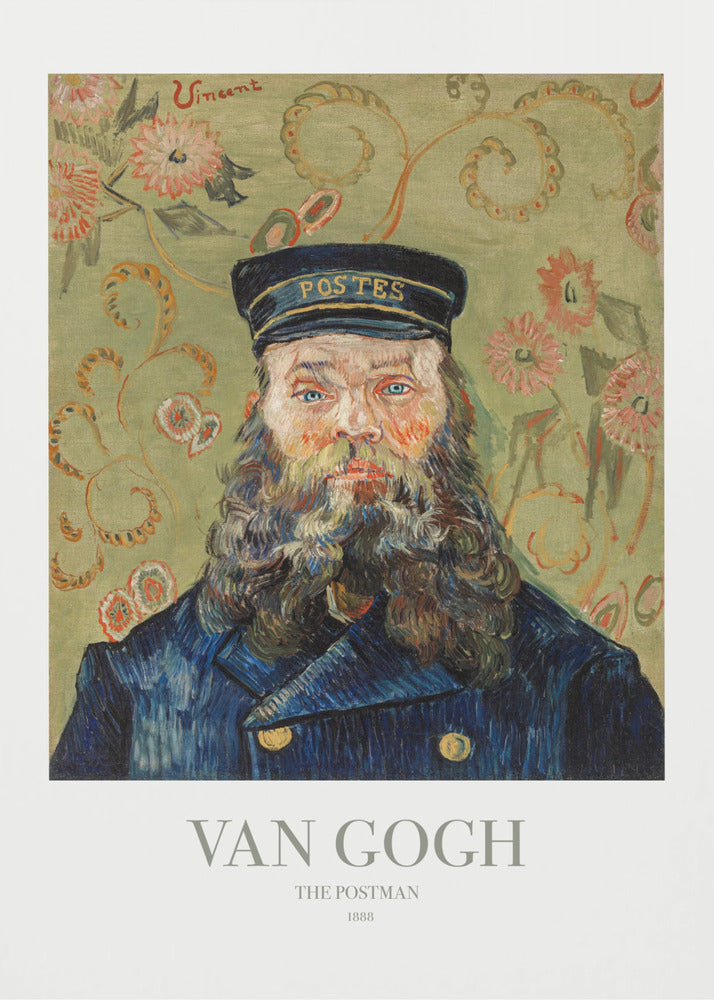 A framed art print of Vincent van Gogh's painting 'The Postman' from 1888. The portrait shows a man with a thick, wavy beard and blue eyes, wearing a dark blue postman's uniform and cap. The background is a decorative light green with a swirling floral pattern. Poster
