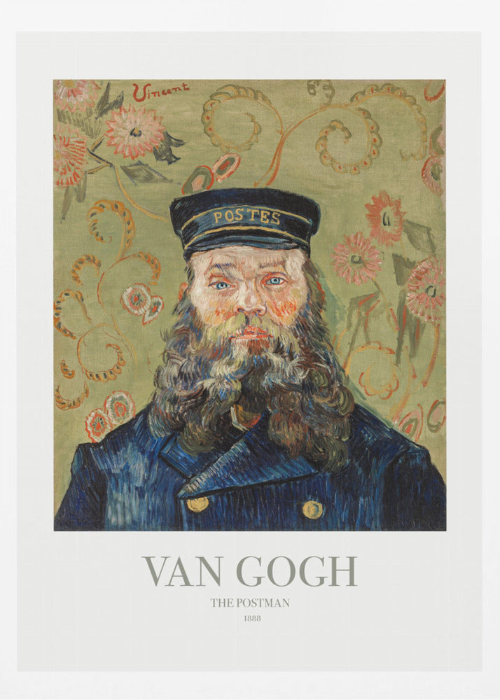 A framed art print of Vincent van Gogh's painting 'The Postman' from 1888. The portrait shows a man with a thick, wavy beard and blue eyes, wearing a dark blue postman's uniform and cap. The background is a decorative light green with a swirling floral pattern. Poster