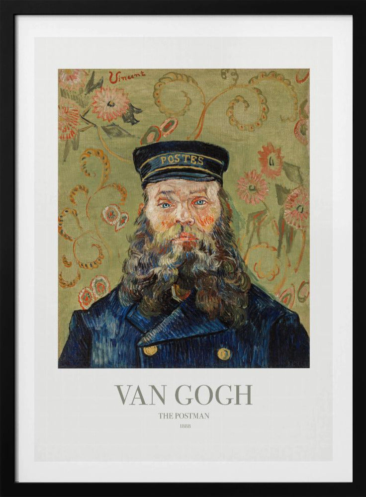 A framed art print of Vincent van Gogh's painting 'The Postman' from 1888. The portrait shows a man with a thick, wavy beard and blue eyes, wearing a dark blue postman's uniform and cap. The background is a decorative light green with a swirling floral pattern. Poster