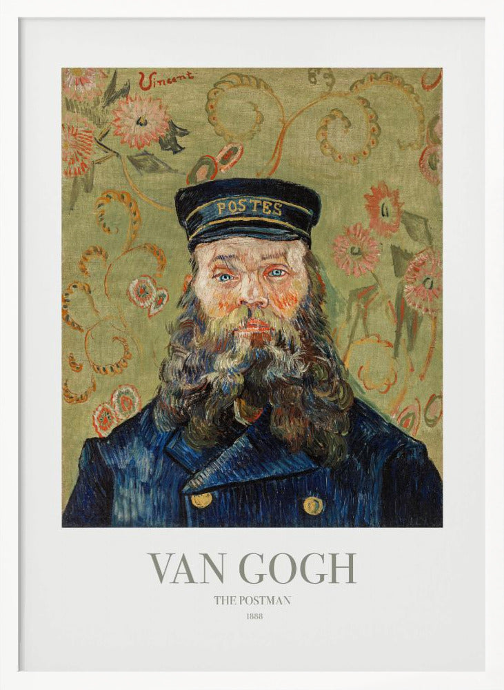 A framed art print of Vincent van Gogh's painting 'The Postman' from 1888. The portrait shows a man with a thick, wavy beard and blue eyes, wearing a dark blue postman's uniform and cap. The background is a decorative light green with a swirling floral pattern. Poster