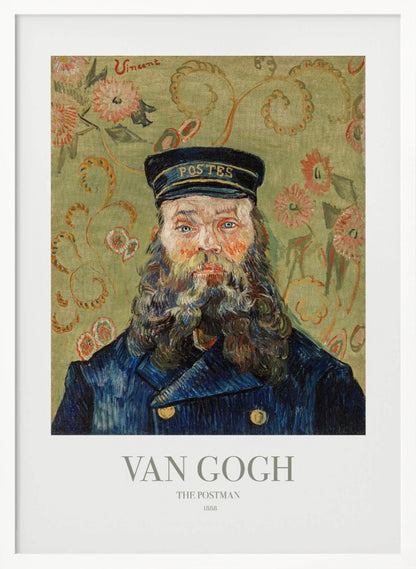 A framed art print of Vincent van Gogh's painting 'The Postman' from 1888. The portrait shows a man with a thick, wavy beard and blue eyes, wearing a dark blue postman's uniform and cap. The background is a decorative light green with a swirling floral pattern. Poster