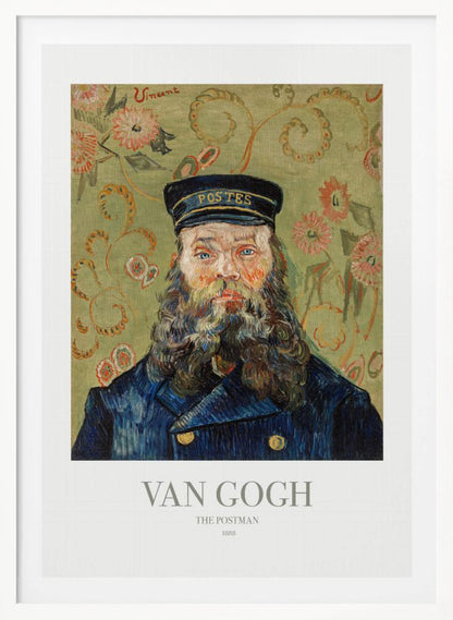 A framed art print of Vincent van Gogh's painting 'The Postman' from 1888. The portrait shows a man with a thick, wavy beard and blue eyes, wearing a dark blue postman's uniform and cap. The background is a decorative light green with a swirling floral pattern. Poster