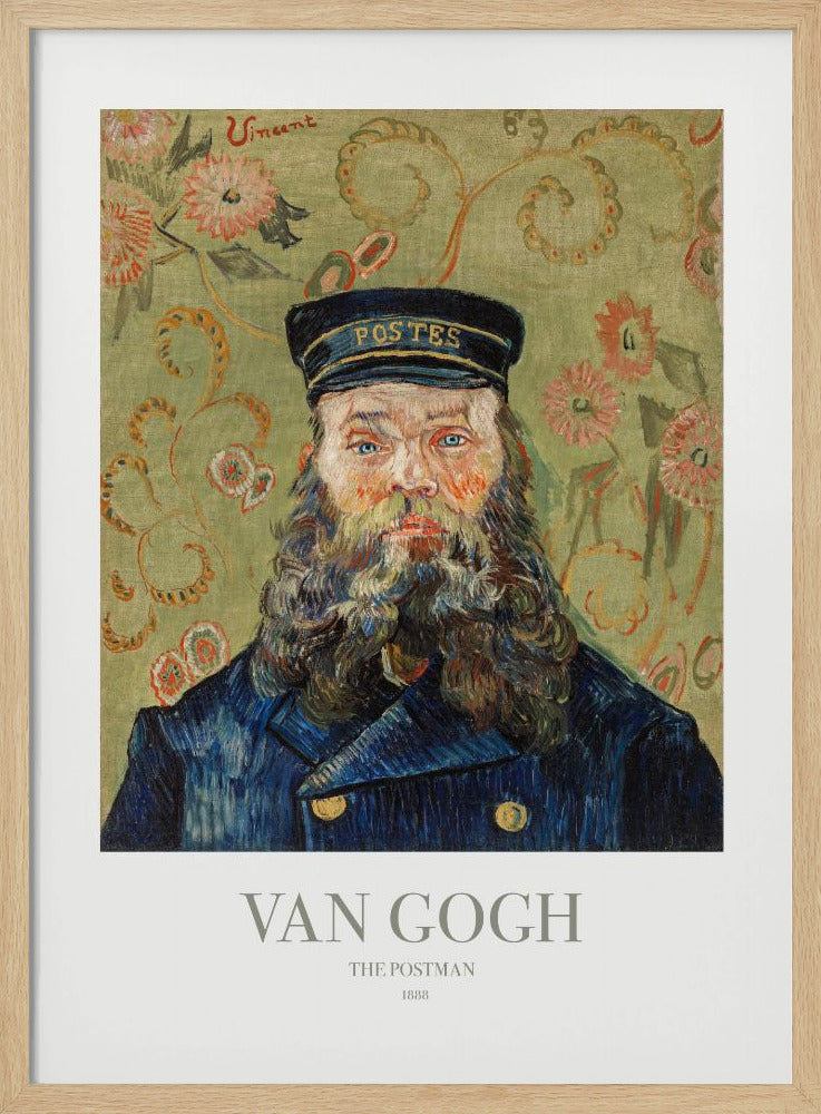 A framed art print of Vincent van Gogh's painting 'The Postman' from 1888. The portrait shows a man with a thick, wavy beard and blue eyes, wearing a dark blue postman's uniform and cap. The background is a decorative light green with a swirling floral pattern. Poster