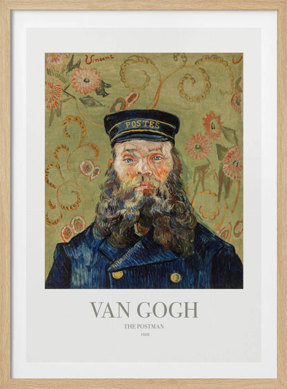 A framed art print of Vincent van Gogh's painting 'The Postman' from 1888. The portrait shows a man with a thick, wavy beard and blue eyes, wearing a dark blue postman's uniform and cap. The background is a decorative light green with a swirling floral pattern. Poster
