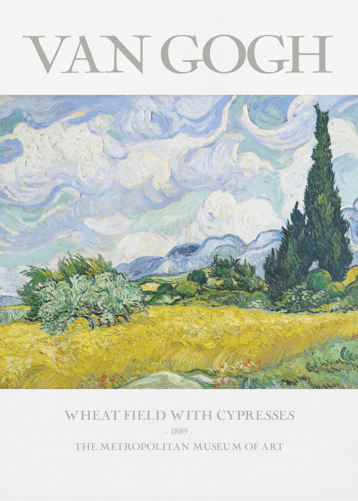 A framed museum poster of Vincent van Gogh's 'Wheat Field with Cypresses.' The impressionist painting depicts a golden wheat field under a swirling blue sky, with dark green cypress trees to the right and distant blue mountains. Decor