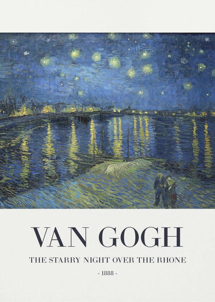 A framed poster of Vincent van Gogh's famous painting, 'The Starry Night Over the Rhone' from 1888. The painting depicts a deep blue night sky filled with bright yellow stars, reflected in the water below. In the foreground, a couple strolls along the riverbank. The title and artist's name are printed below the image on a white background. Wall Art