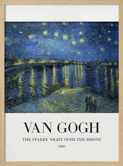 A framed poster of Vincent van Gogh's famous painting, 'The Starry Night Over the Rhone' from 1888. The painting depicts a deep blue night sky filled with bright yellow stars, reflected in the water below. In the foreground, a couple strolls along the riverbank. The title and artist's name are printed below the image on a white background. Wall Art