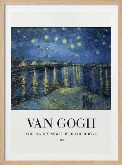 A framed poster of Vincent van Gogh's famous painting, 'The Starry Night Over the Rhone' from 1888. The painting depicts a deep blue night sky filled with bright yellow stars, reflected in the water below. In the foreground, a couple strolls along the riverbank. The title and artist's name are printed below the image on a white background. Wall Art