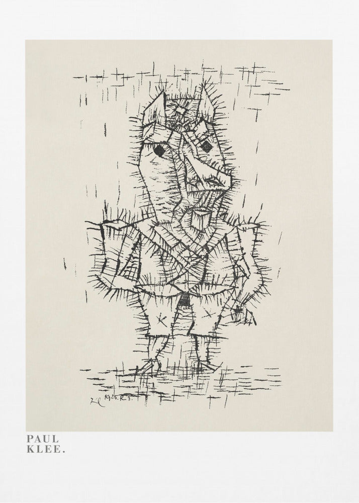 A framed art print of a Paul Klee drawing. The artwork features a stylized, abstract figure composed of short, spiky black ink lines on a light cream background, giving it a prickly texture. The figure stands against a sparse background with simple lines. The print is in a black frame, and the text 'PAUL KLEE.' is visible in the lower-left corner. Decor