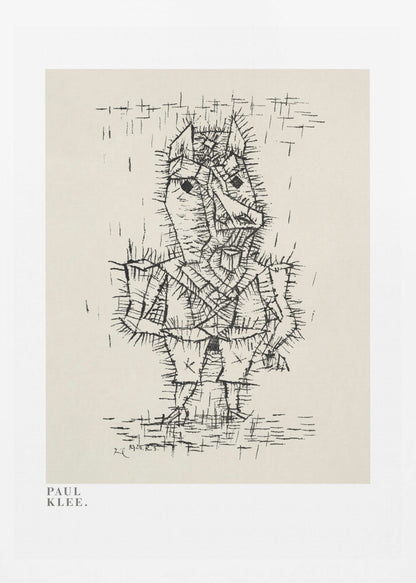 A framed art print of a Paul Klee drawing. The artwork features a stylized, abstract figure composed of short, spiky black ink lines on a light cream background, giving it a prickly texture. The figure stands against a sparse background with simple lines. The print is in a black frame, and the text 'PAUL KLEE.' is visible in the lower-left corner. Decor