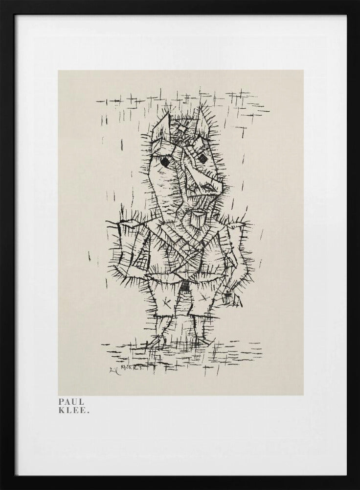 A framed art print of a Paul Klee drawing. The artwork features a stylized, abstract figure composed of short, spiky black ink lines on a light cream background, giving it a prickly texture. The figure stands against a sparse background with simple lines. The print is in a black frame, and the text 'PAUL KLEE.' is visible in the lower-left corner. Decor