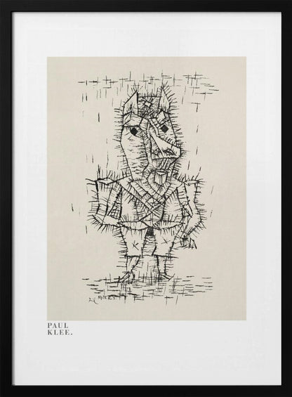A framed art print of a Paul Klee drawing. The artwork features a stylized, abstract figure composed of short, spiky black ink lines on a light cream background, giving it a prickly texture. The figure stands against a sparse background with simple lines. The print is in a black frame, and the text 'PAUL KLEE.' is visible in the lower-left corner. Decor