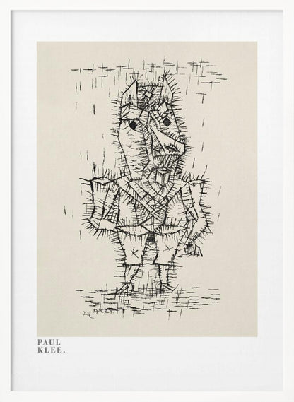A framed art print of a Paul Klee drawing. The artwork features a stylized, abstract figure composed of short, spiky black ink lines on a light cream background, giving it a prickly texture. The figure stands against a sparse background with simple lines. The print is in a black frame, and the text 'PAUL KLEE.' is visible in the lower-left corner. Decor