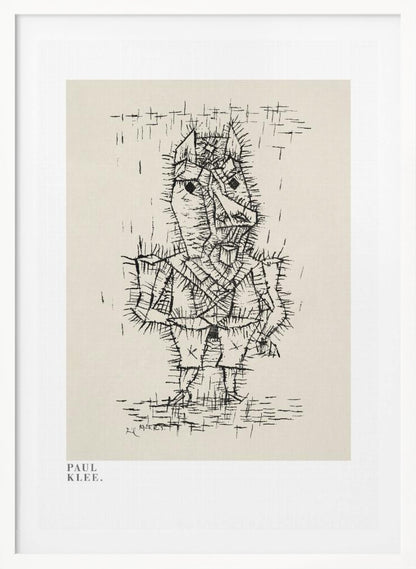 A framed art print of a Paul Klee drawing. The artwork features a stylized, abstract figure composed of short, spiky black ink lines on a light cream background, giving it a prickly texture. The figure stands against a sparse background with simple lines. The print is in a black frame, and the text 'PAUL KLEE.' is visible in the lower-left corner. Decor